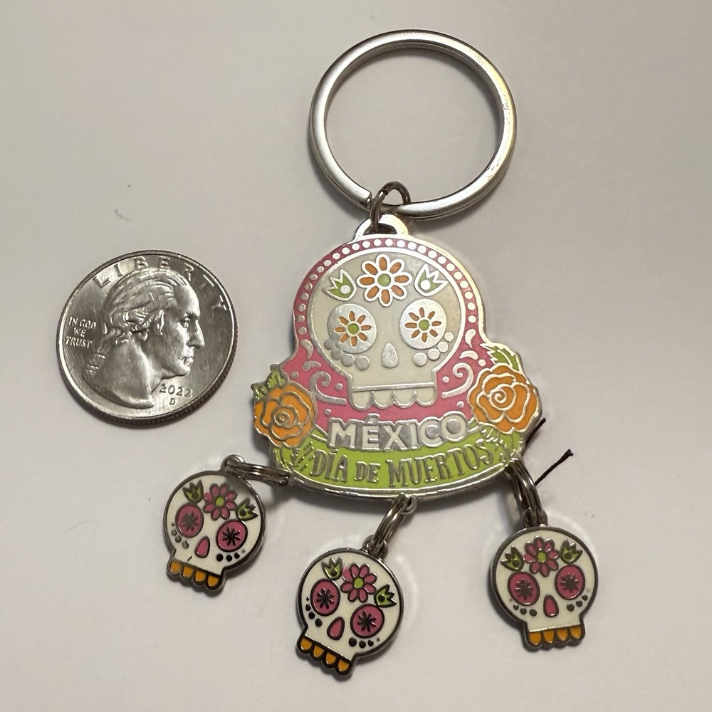 Vintage Skeleton Skull Keychain Pendant "Day Of The Dead" Metal Bag Charm Mexico - Picture 5 of 7
